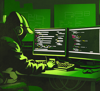 Illustration showing person with headphones using a computer, with keyboard and two displays