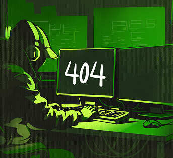 Illustration showing person with headphones using a computer, with keyboard and two displays
